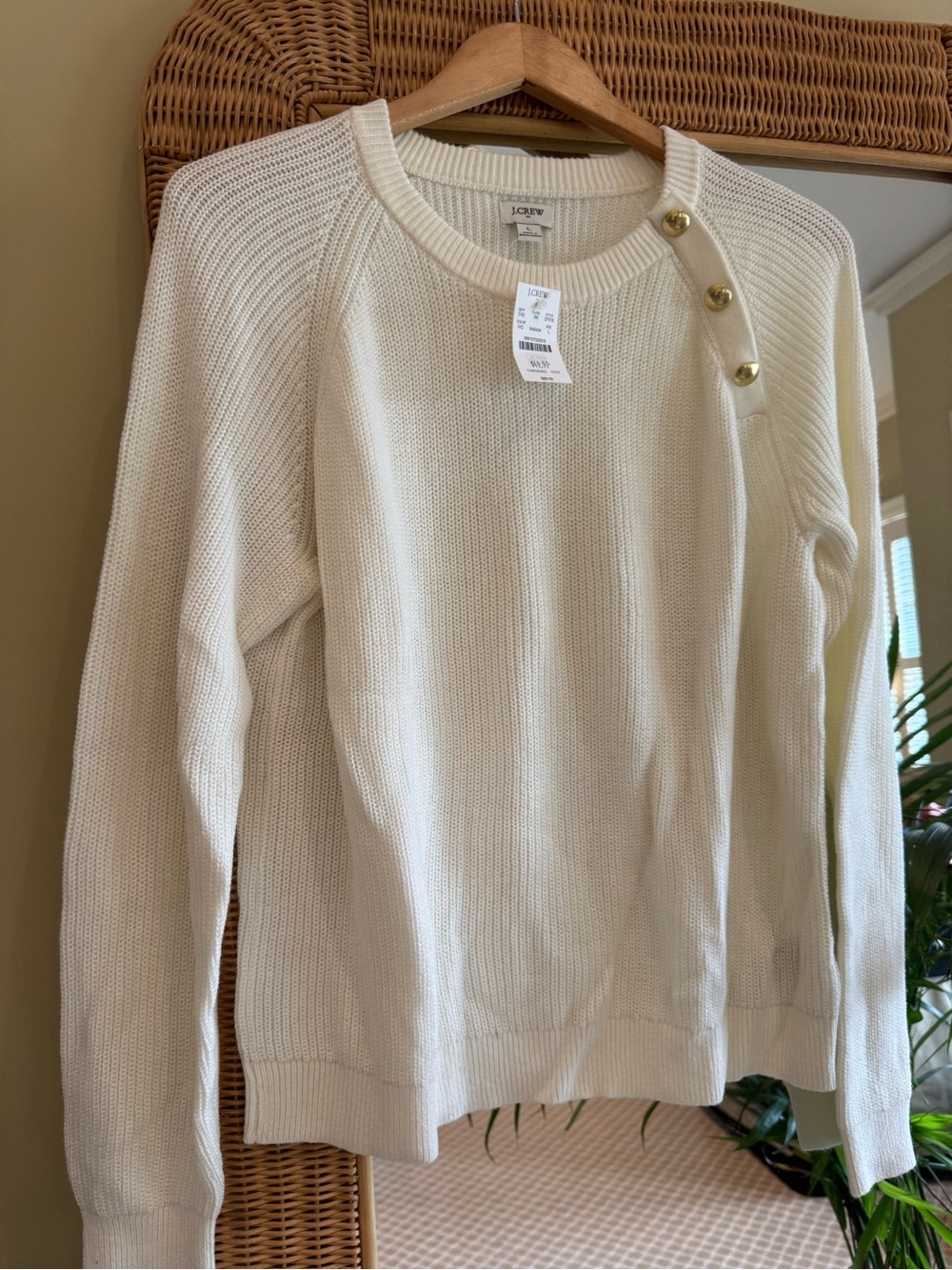 J. Crew Cream Button-Shoulder Crewneck Sweater